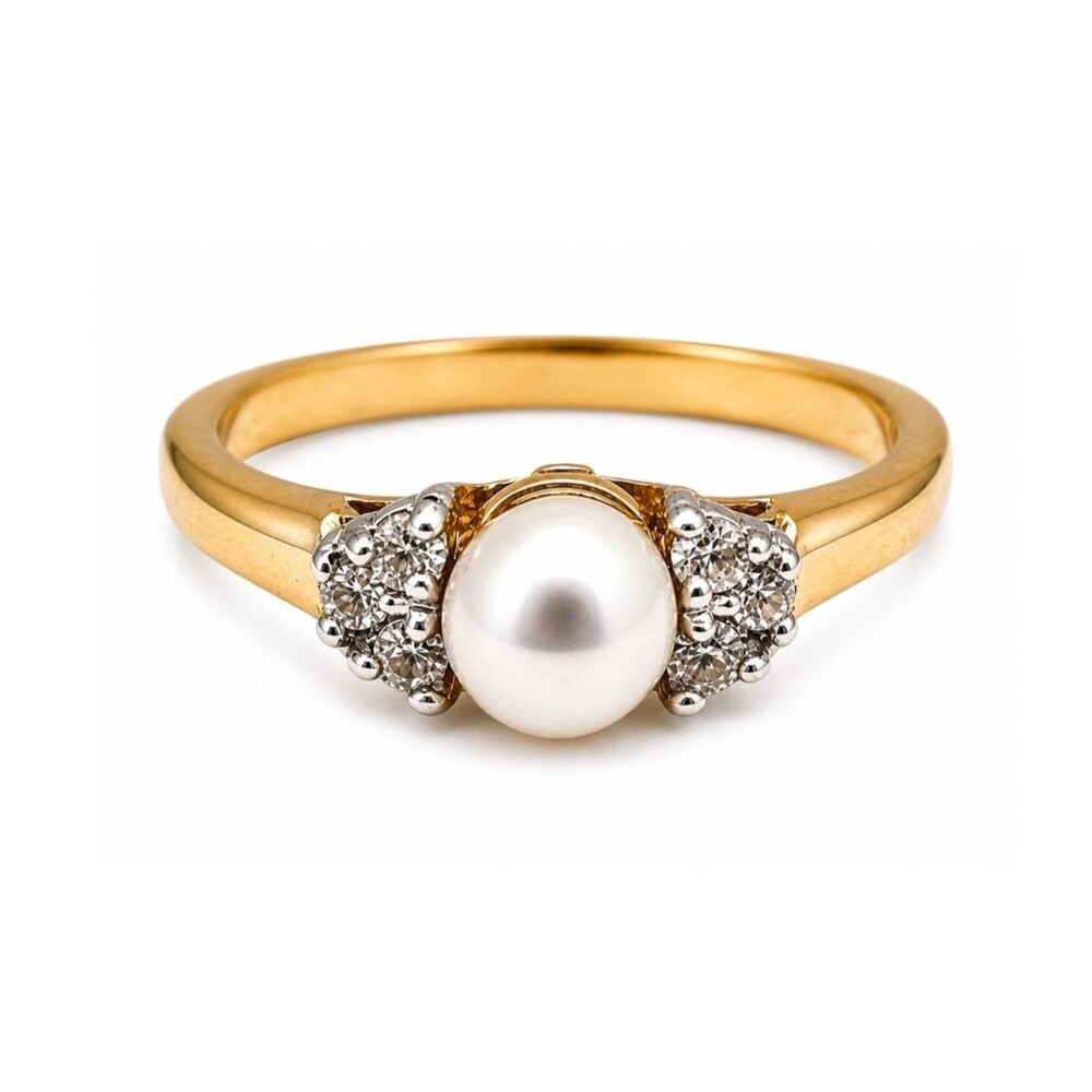 Vintage 1970s Ring Size 5 Simulated Pearl CZ Three Stone Gold Plated - 14M